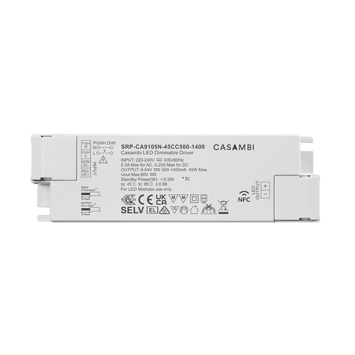Πρόγραμμα οδήγησης LED Casambi 45W 1 καναλιού με δυνατότητα NFC (σταθερό ρεύμα)