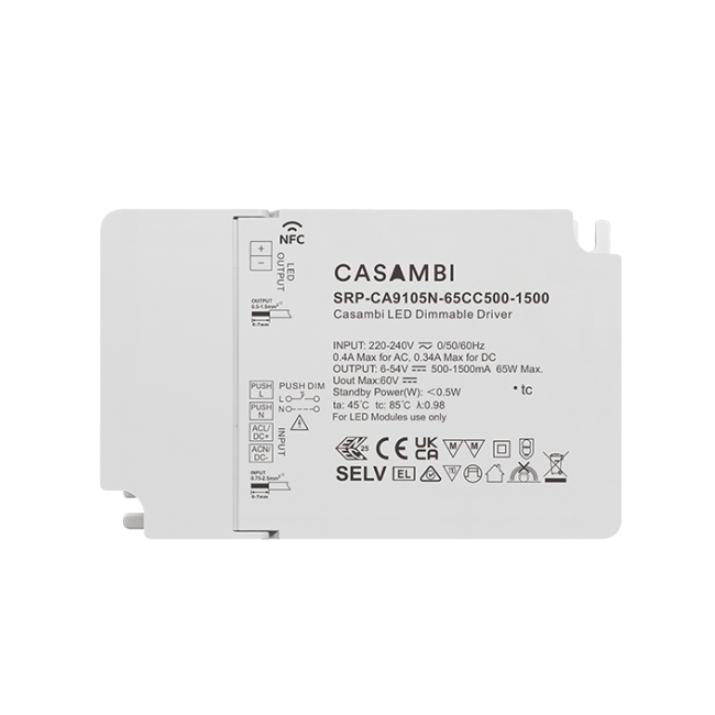 Πρόγραμμα οδήγησης LED Casambi 65W 1 καναλιού με δυνατότητα NFC (σταθερό ρεύμα)